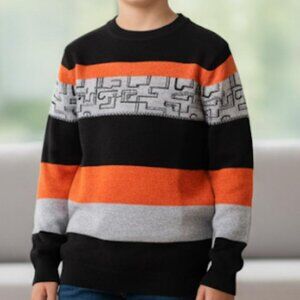 Kid's Black Orange Grey Striped Crew Neck Sweater Jumper size small